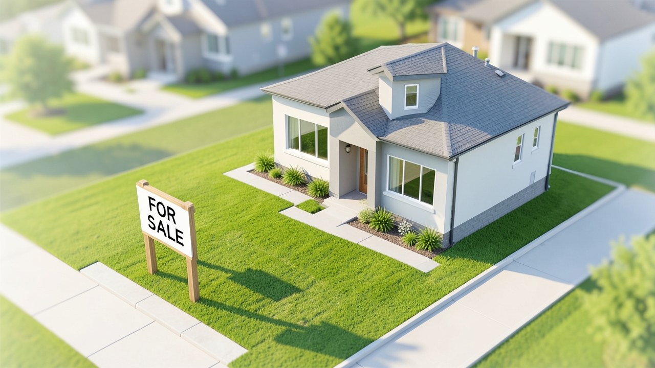 A bright, modern home exterior with a small for-sale sign in the foreground, set against a clear sky.