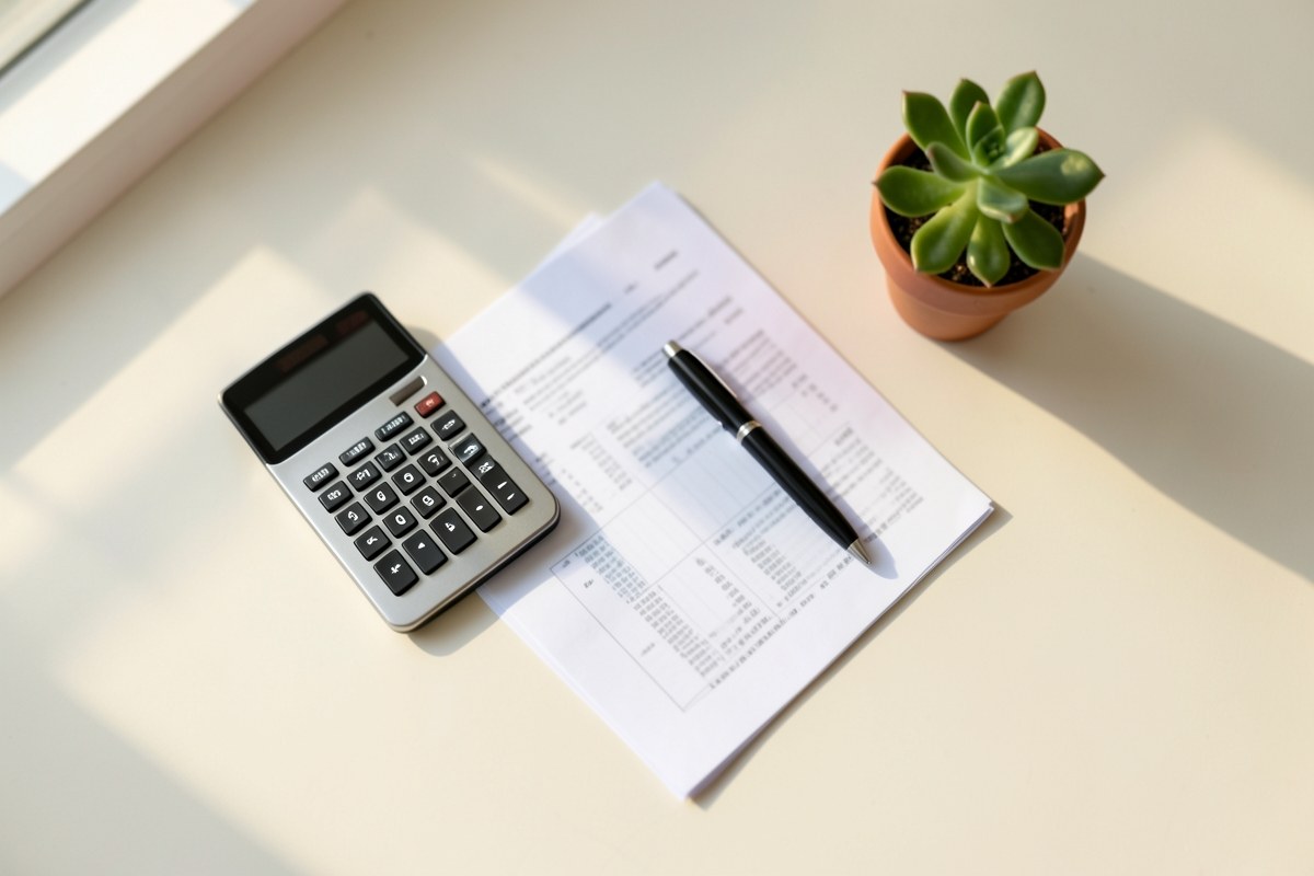 A neatly arranged desk with a calculator, a home loan document, and a small potted plant.