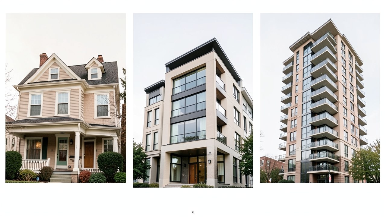Three different types of houses: a single-family home, a townhouse, and a condominium, shown side by side.