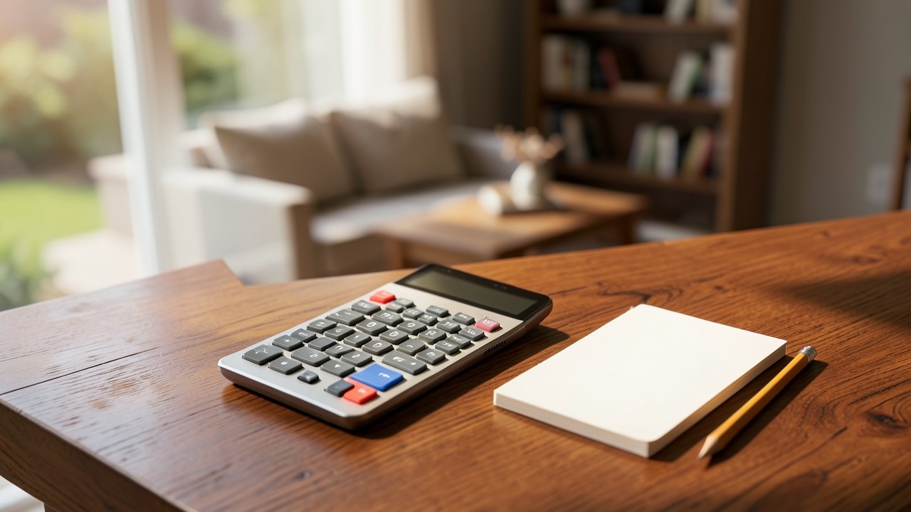 A calculator and a notepad with a pencil on a wooden table, with a blurred house in the background.