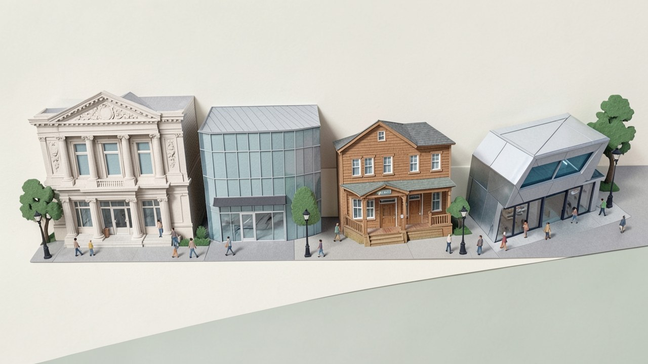 A row of four different bank and credit union storefronts showing the variety of lender types.