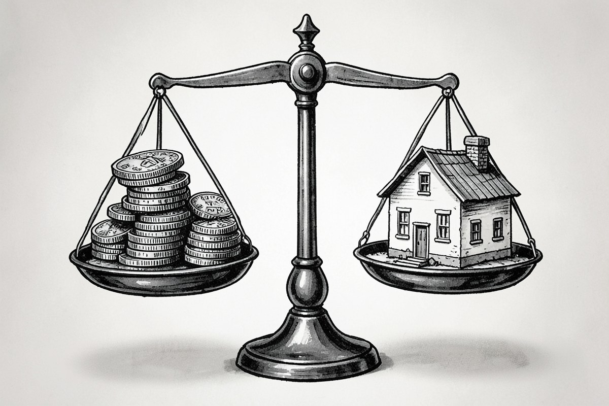 A balance scale with coins on one side and a small house on the other.
