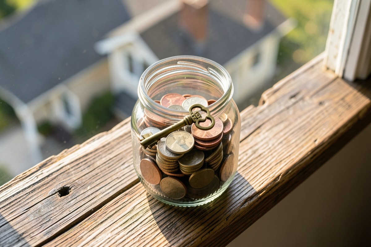 A savings jar filled with coins and a small house key, sitting on a windowsill with a house in the background.