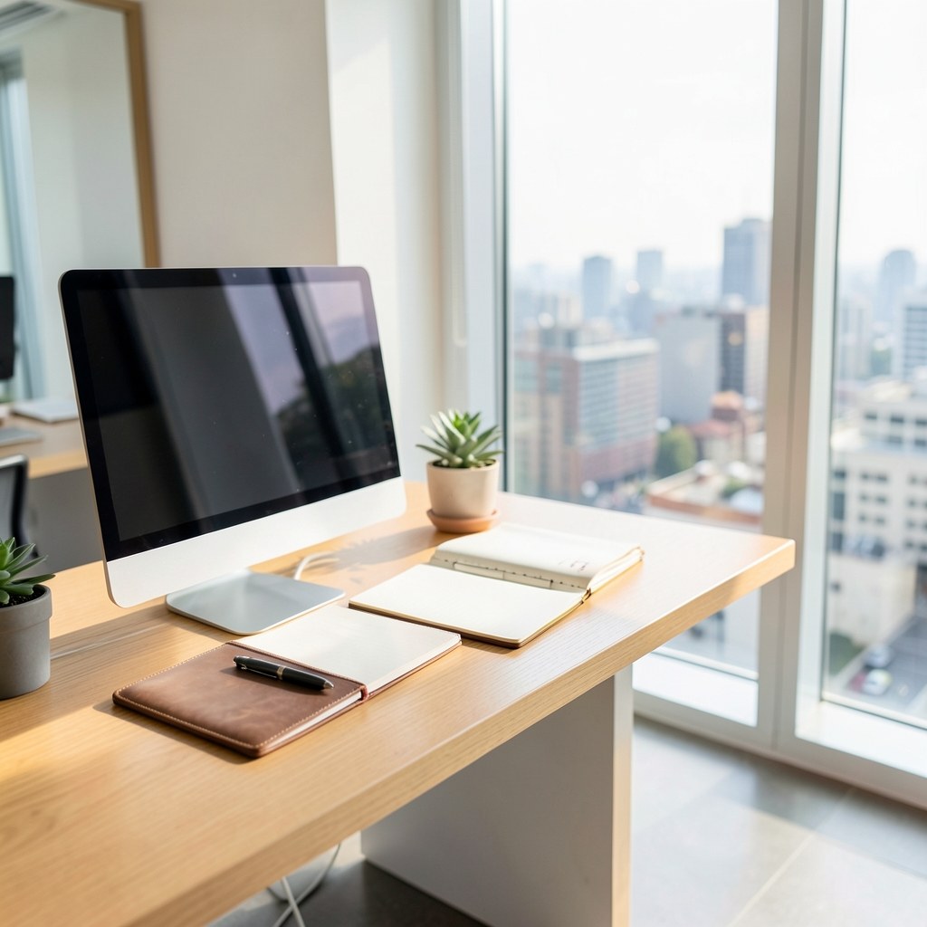 A modern office with a large window, a desk with a computer and open notebook, symbolizing the editorial team's workspace.