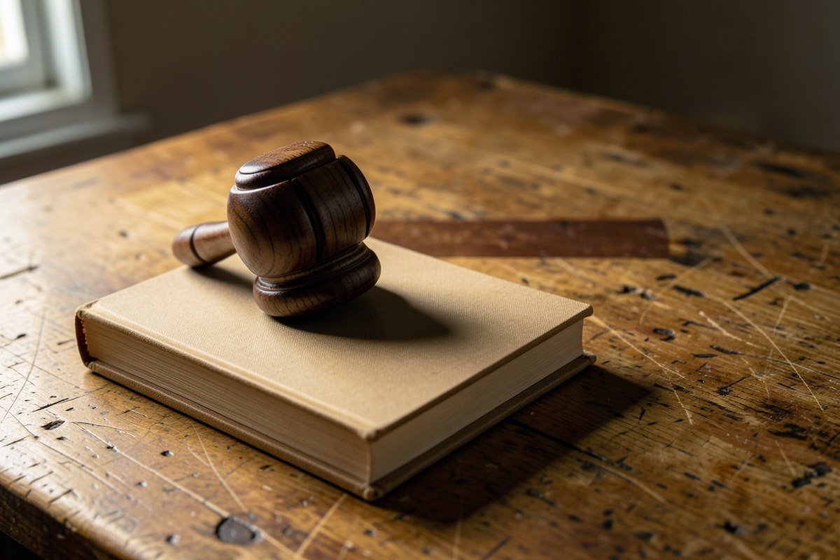 A gavel and a book on a desk, symbolizing the editorial standards and fact-checking process.