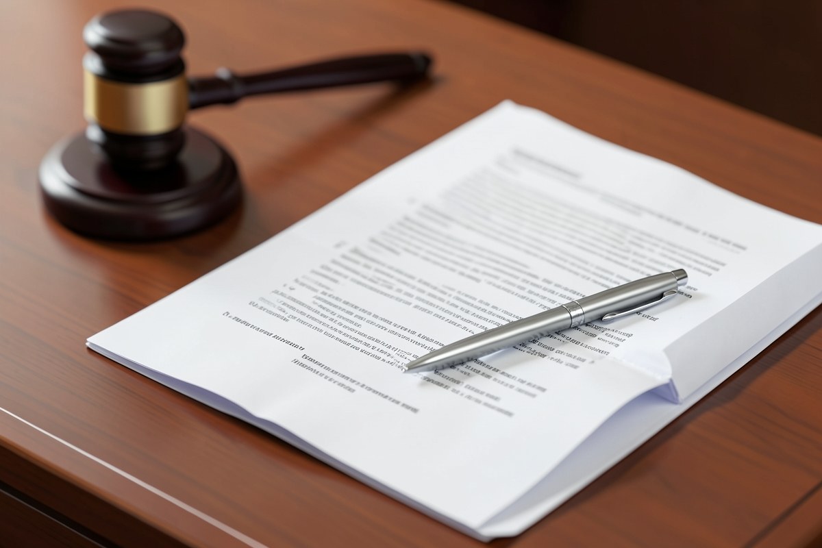 A legal contract with a pen, and a judge's gavel in the background.